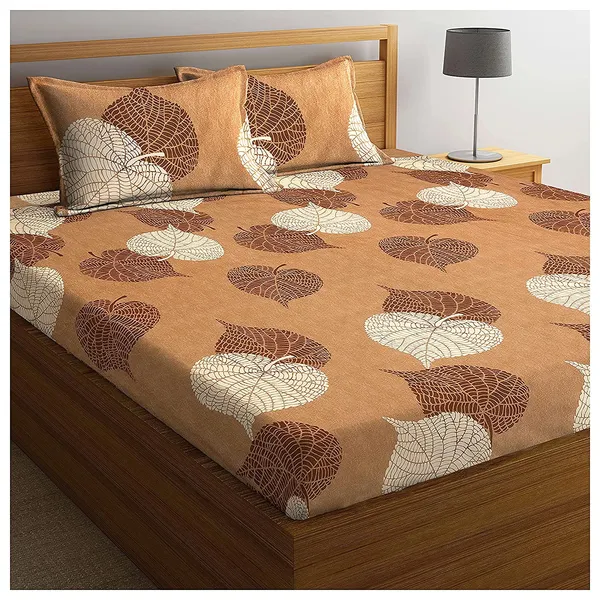 220TC_Elastic_Fitted_100%_Cotton_Feel_Printed_King_Size_Double_Bed_Bedsheet_with_2_Pillow_Cover_(72"x78"_Upto_6"_Mattress)_Brown-Leaf